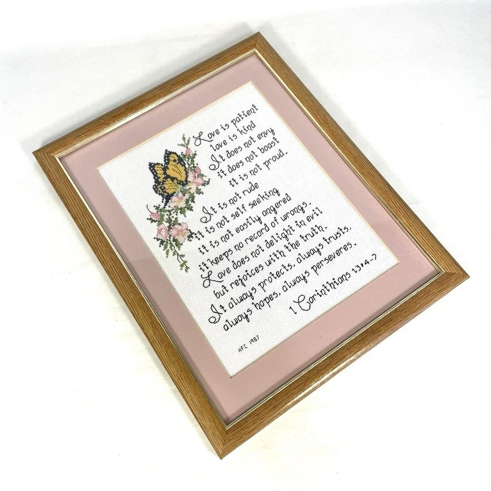 Vintage 1987 1 Corinthians 13:4-7 Cross Stitch Framed Scripture Wall Art